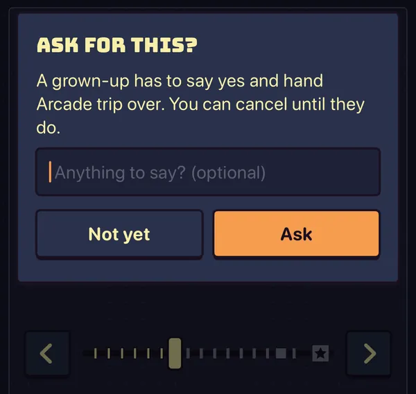 Close up on a kid’s battle pass in Sidequest: Arcade trip is unlocked, and asking for it shows “Ask for this? A grown-up has to say yes and hand Arcade trip over.”