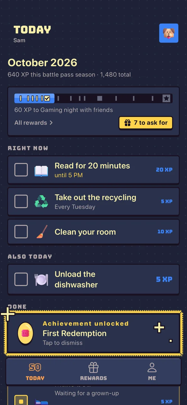 A kid’s Today screen in Sidequest with an Achievement unlocked banner: First Redemption