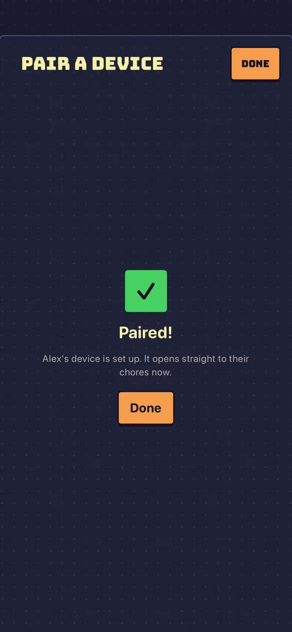 The grown-up’s phone after pairing in Sidequest: Paired! Alex’s device is set up and opens straight to their chores