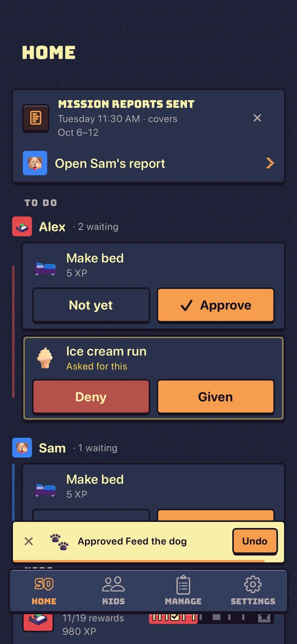 A grown-up’s Home screen in Sidequest with chores to approve and an Undo bar after an approval
