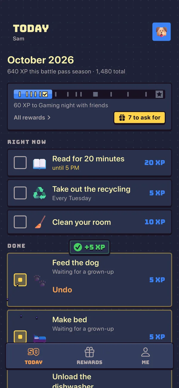A kid’s Today screen in Sidequest: Unload the dishwasher just checked off and waiting for a grown-up, with +5 XP