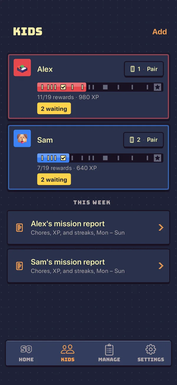 The grown-up’s Kids tab in Sidequest: Alex and Sam, each with their own battle pass bar and chores waiting