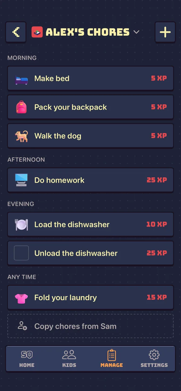 A grown-up’s chore list for Alex in Sidequest, by morning, afternoon and evening with the XP each is worth, and Unload the dishwasher just added to the evening