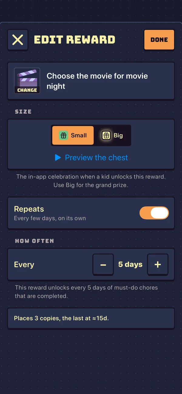 A grown-up setting up a reward in Sidequest: Choose the movie for movie night, set to repeat every 5 days with Sidequest Plus