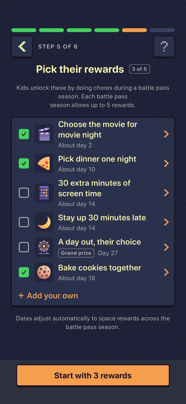 Sidequest’s setup, step 5 of 6: three rewards for the October battle pass season, two starters and the grown-up’s own Bake cookies together, each on its own day, and Start with 3 rewards